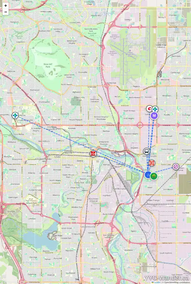 Daily accessibility map for 2814 26 AV SE, Calgary showing nearby schools, grocery stores, parks, LRT stations and nearby amenities