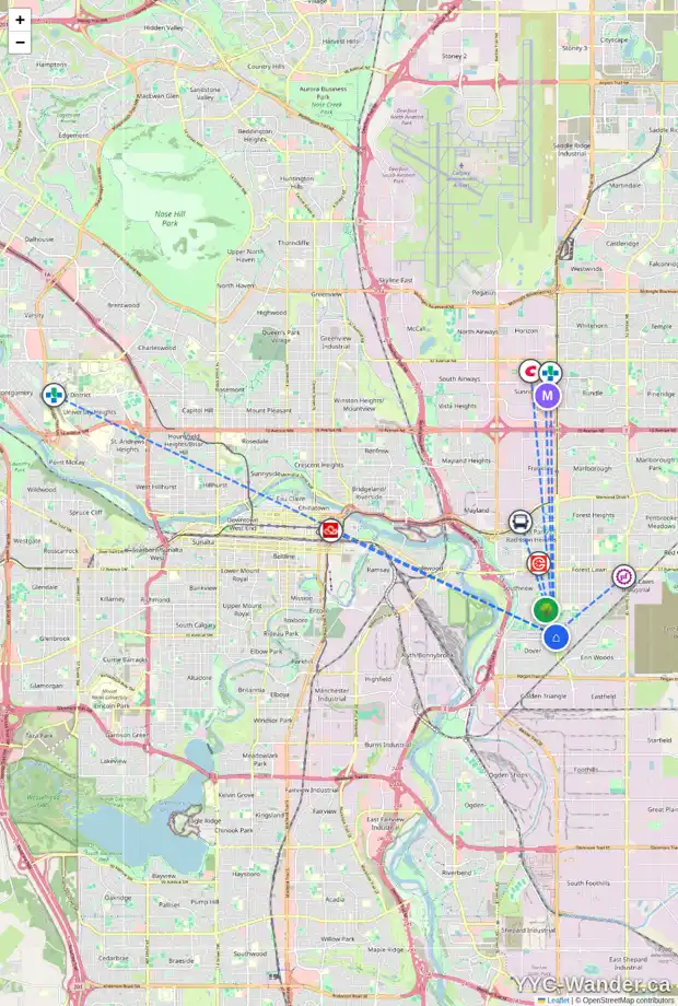 Daily accessibility map for 3460 33A AV SE, Calgary showing nearby schools, grocery stores, parks, LRT stations and nearby amenities