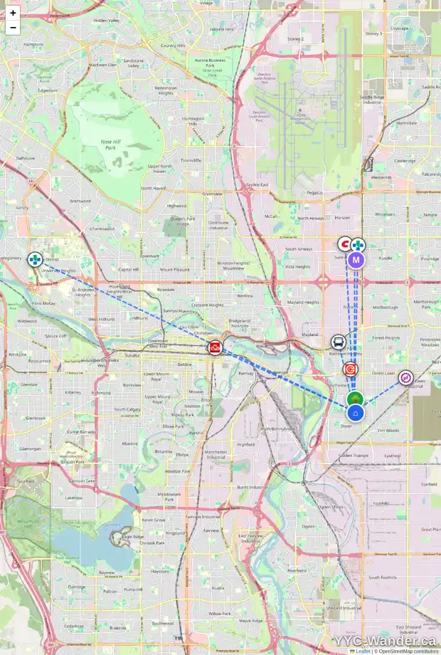 Daily accessibility map for 3253 31A AV SE, Calgary showing nearby schools, grocery stores, parks, LRT stations and nearby amenities