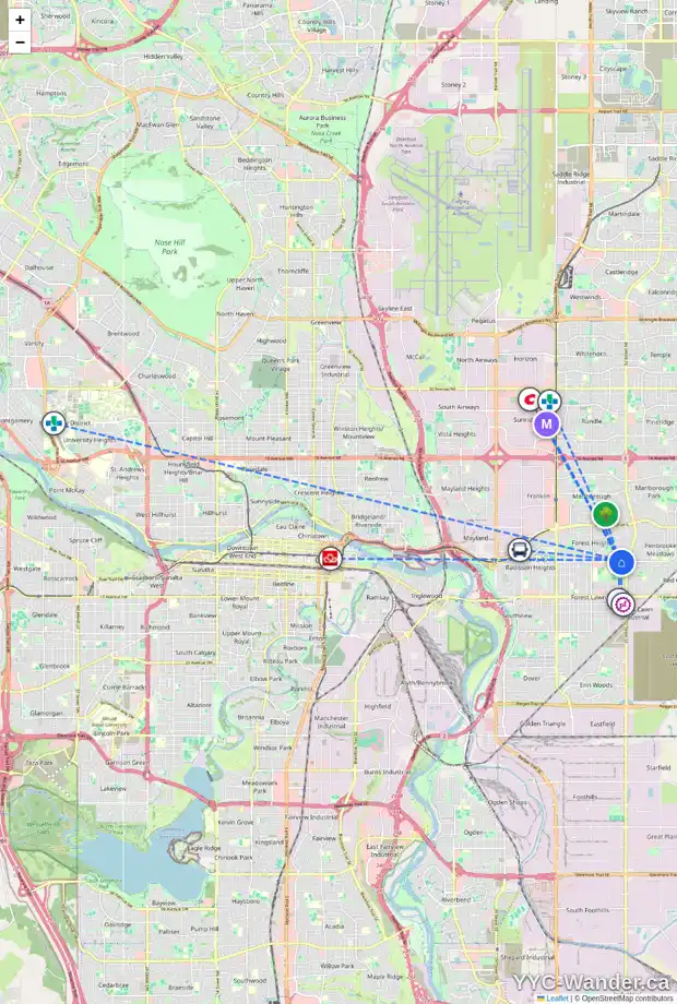 Daily accessibility map for 5112 8 AV SE, Calgary showing nearby schools, grocery stores, parks, LRT stations and nearby amenities