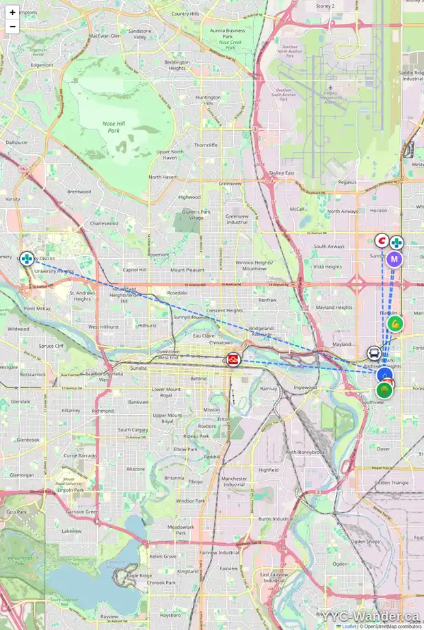 Daily accessibility map for 1447 ROBSON CR SE, Calgary showing nearby schools, grocery stores, parks, LRT stations and nearby amenities