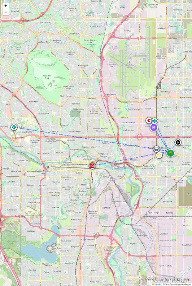 Daily accessibility map for 4631 MARYVALE DR NE, Calgary showing nearby schools, grocery stores, parks, LRT stations and nearby amenities
