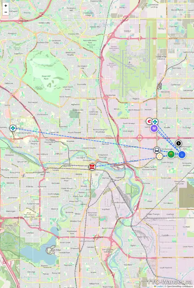 Daily accessibility map for 5518 MADDOCK DR NE, Calgary showing nearby schools, grocery stores, parks, LRT stations and nearby amenities