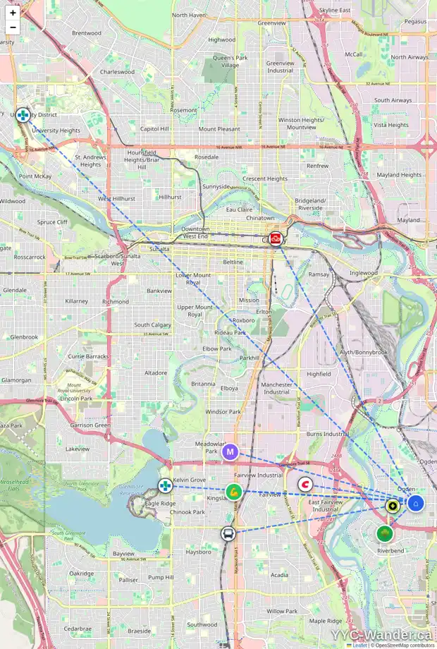 Daily accessibility map for 7439 22 ST SE, Calgary showing nearby schools, grocery stores, parks, LRT stations and nearby amenities