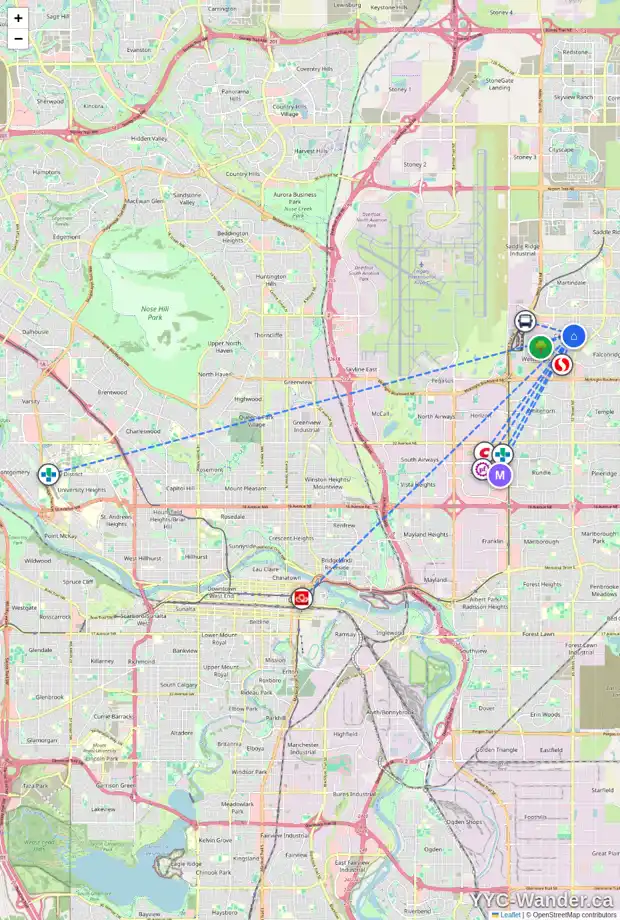 Daily accessibility map for 115 CASTLEGROVE RD NE, Calgary showing nearby schools, grocery stores, parks, LRT stations and nearby amenities