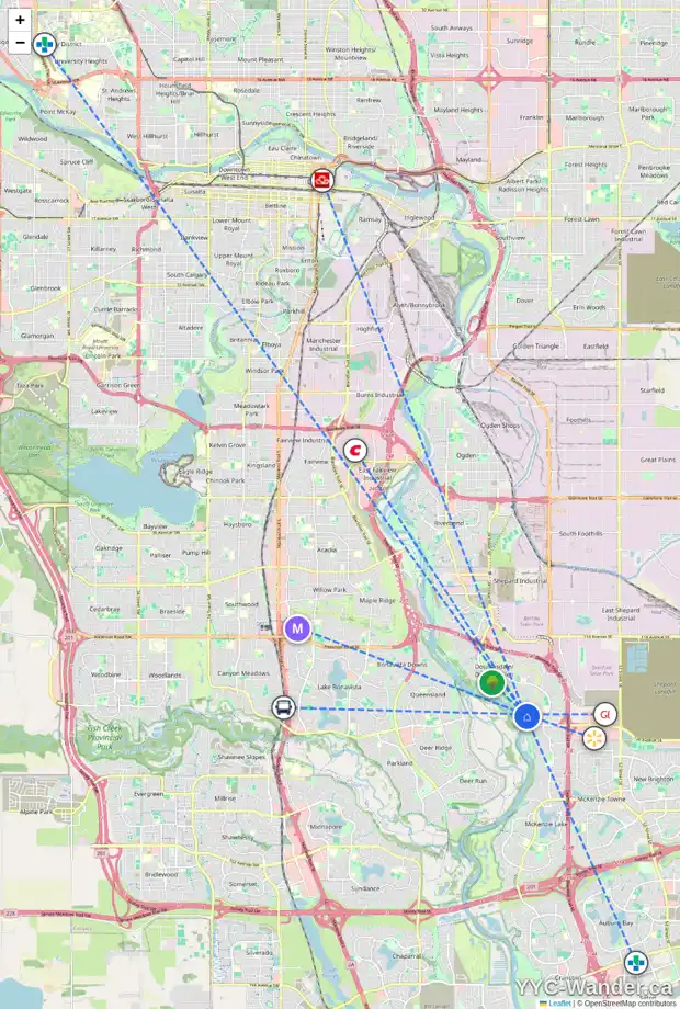 Daily accessibility map for 418 DOUGLASDALE CO SE, Calgary showing nearby schools, grocery stores, parks, LRT stations and nearby amenities