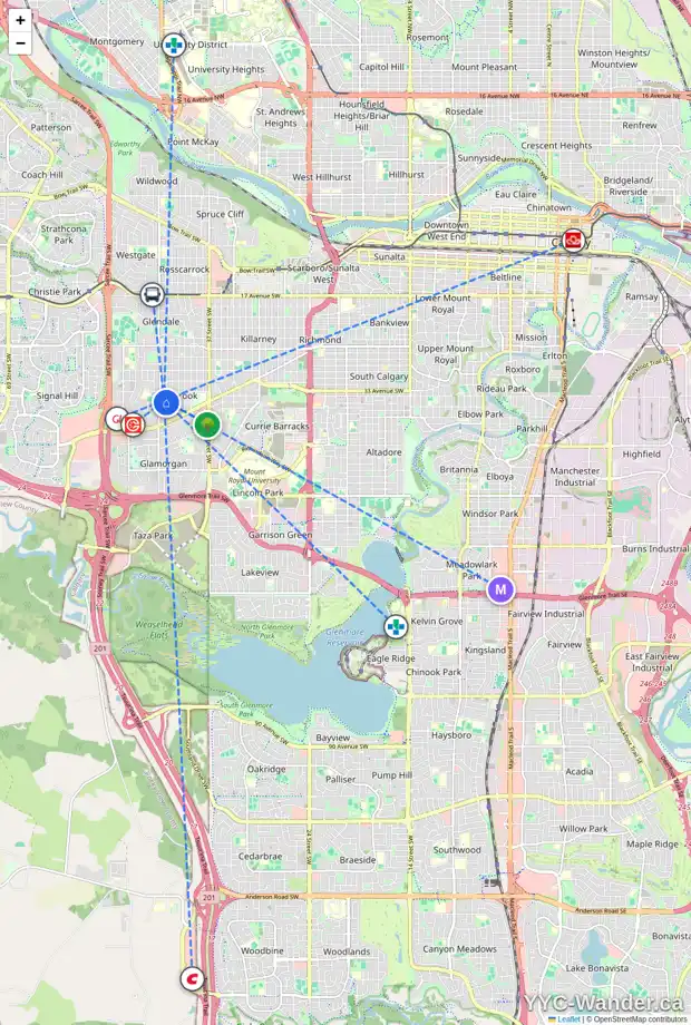 Daily accessibility map for 4508 35 AV SW, Calgary showing nearby schools, grocery stores, parks, LRT stations and nearby amenities