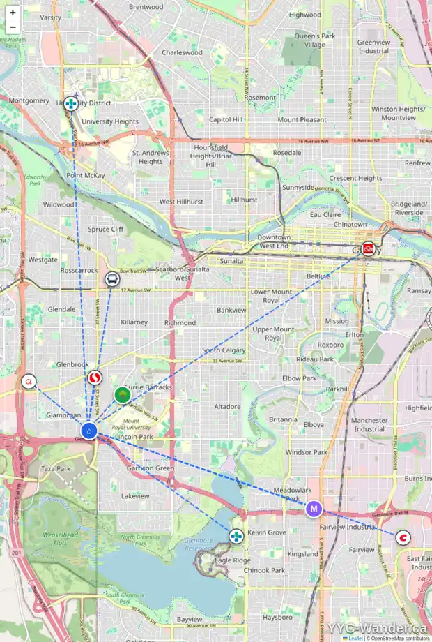 Daily accessibility map for 57 GALBRAITH DR SW, Calgary showing nearby schools, grocery stores, parks, LRT stations and nearby amenities