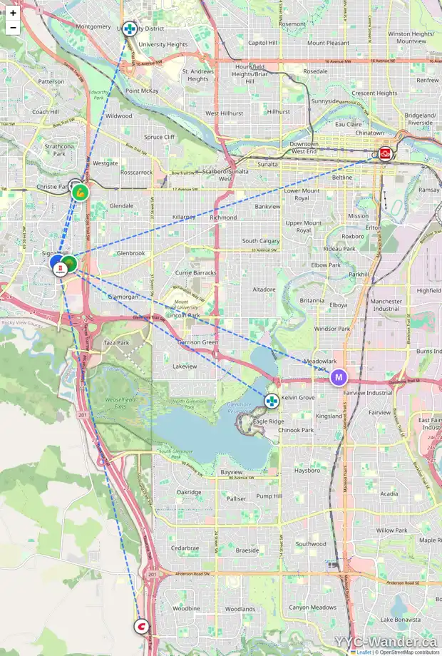 Daily accessibility map for 3050 SIGNAL HILL DR SW, Calgary showing nearby schools, grocery stores, parks, LRT stations and nearby amenities