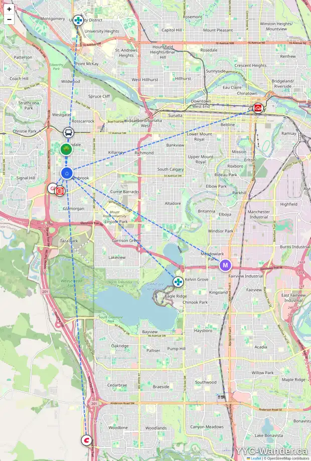Daily accessibility map for 4807 32 AV SW, Calgary showing nearby schools, grocery stores, parks, LRT stations and nearby amenities