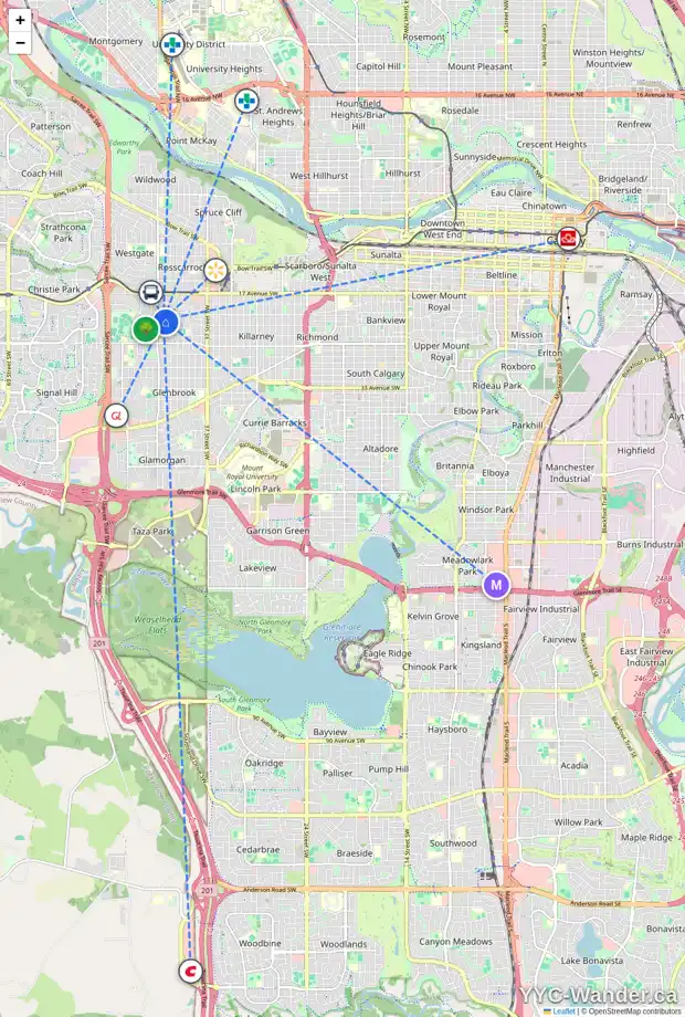 Daily accessibility map for 4515 GROVE HILL RD SW, Calgary showing nearby schools, grocery stores, parks, LRT stations and nearby amenities