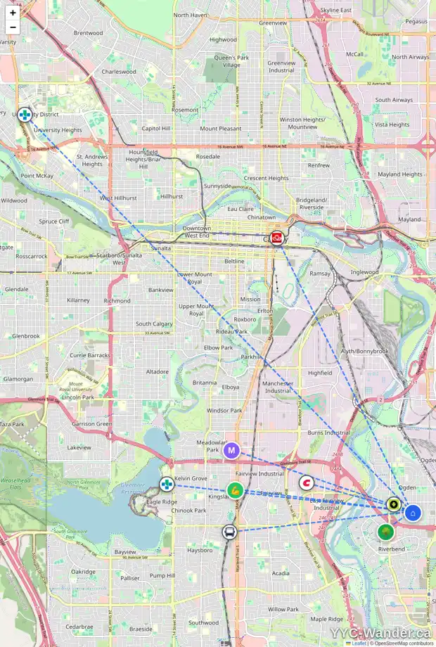 Daily accessibility map for 7809 21A ST SE, Calgary showing nearby schools, grocery stores, parks, LRT stations and nearby amenities