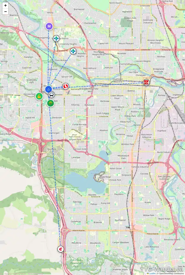 Daily accessibility map for 89 WINCHESTER CR SW, Calgary showing nearby schools, grocery stores, parks, LRT stations and nearby amenities