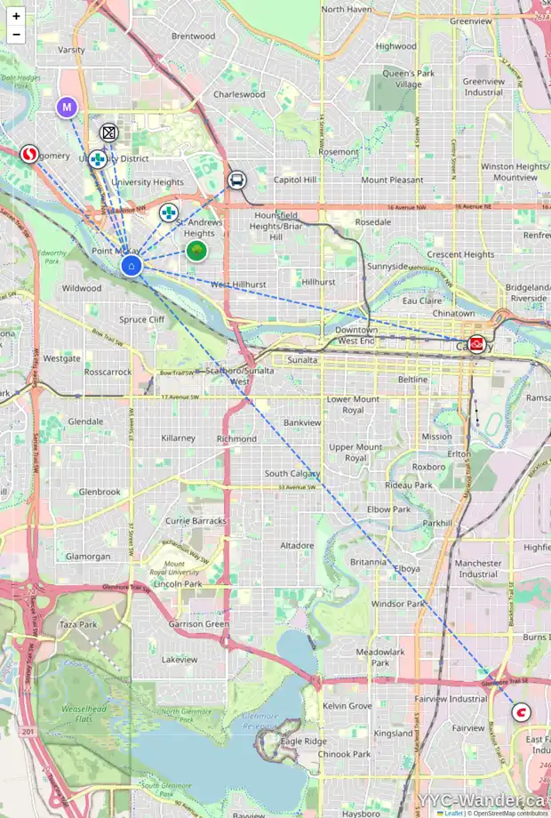 Daily accessibility map for 127 37 ST NW, Calgary showing nearby schools, grocery stores, parks, LRT stations and nearby amenities