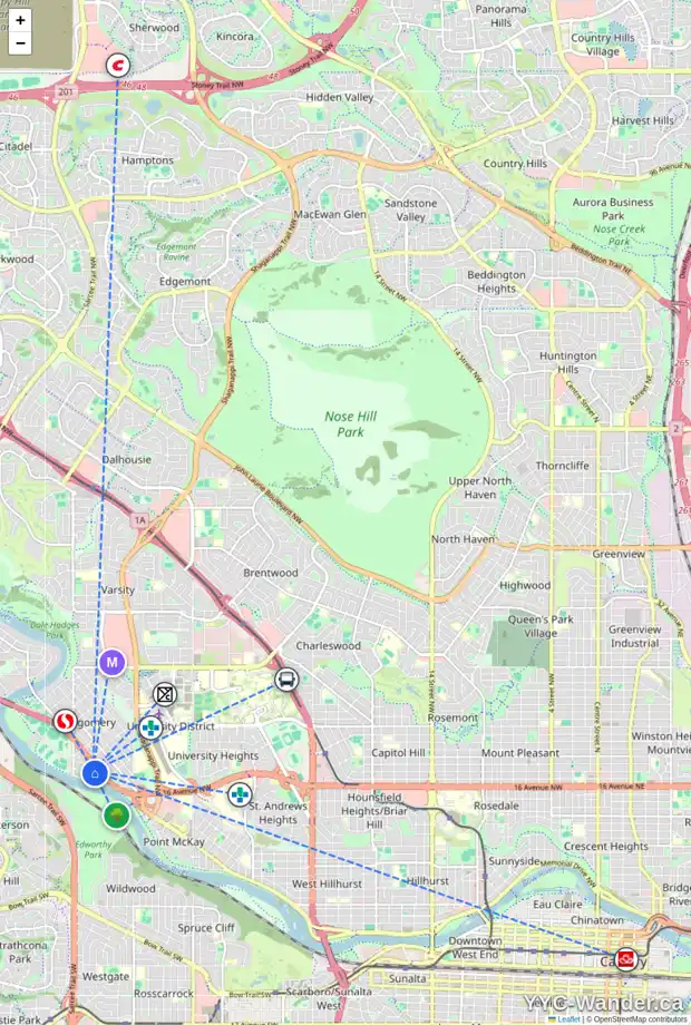 Daily accessibility map for 4520 MONTGOMERY AV NW, Calgary showing nearby schools, grocery stores, parks, LRT stations and nearby amenities