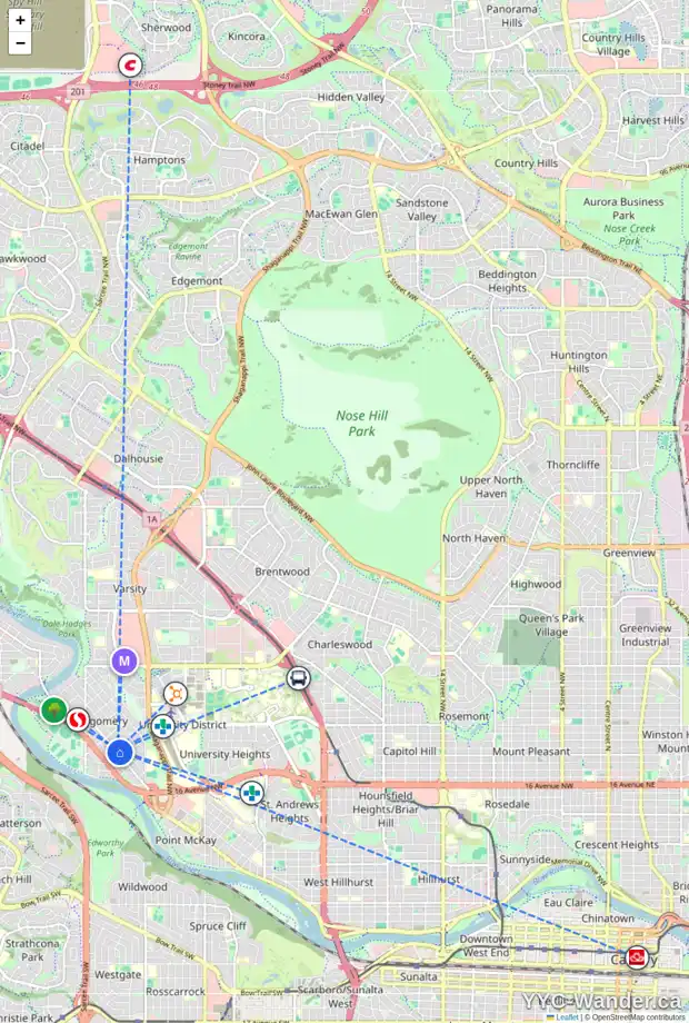 Daily accessibility map for 4532 BOWNESS RD NW, Calgary showing nearby schools, grocery stores, parks, LRT stations and nearby amenities