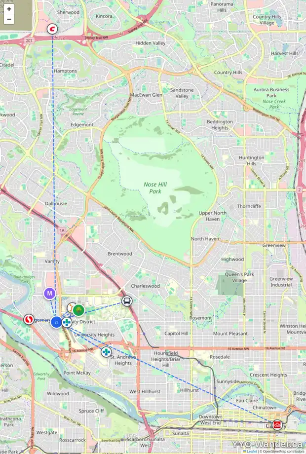Daily accessibility map for 4611 23 AV NW, Calgary showing nearby schools, grocery stores, parks, LRT stations and nearby amenities
