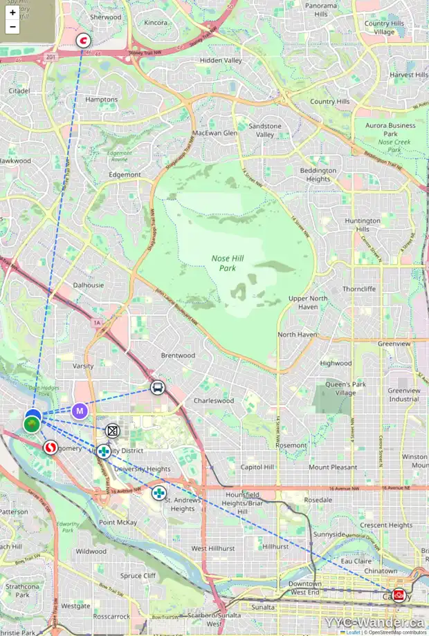 Daily accessibility map for 5822 BOWWATER CR NW, Calgary showing nearby schools, grocery stores, parks, LRT stations and nearby amenities
