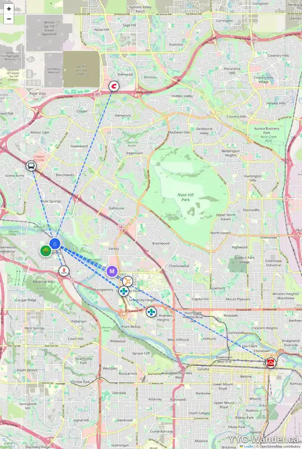 Daily accessibility map for 4603 69 ST NW, Calgary showing nearby schools, grocery stores, parks, LRT stations and nearby amenities