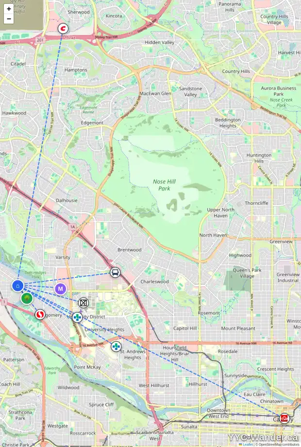 Daily accessibility map for 6152 BOWWOOD DR NW, Calgary showing nearby schools, grocery stores, parks, LRT stations and nearby amenities