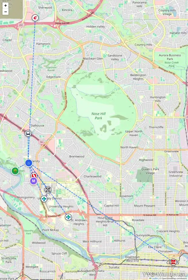 Daily accessibility map for 5140 VALIANT PL NW, Calgary showing nearby schools, grocery stores, parks, LRT stations and nearby amenities