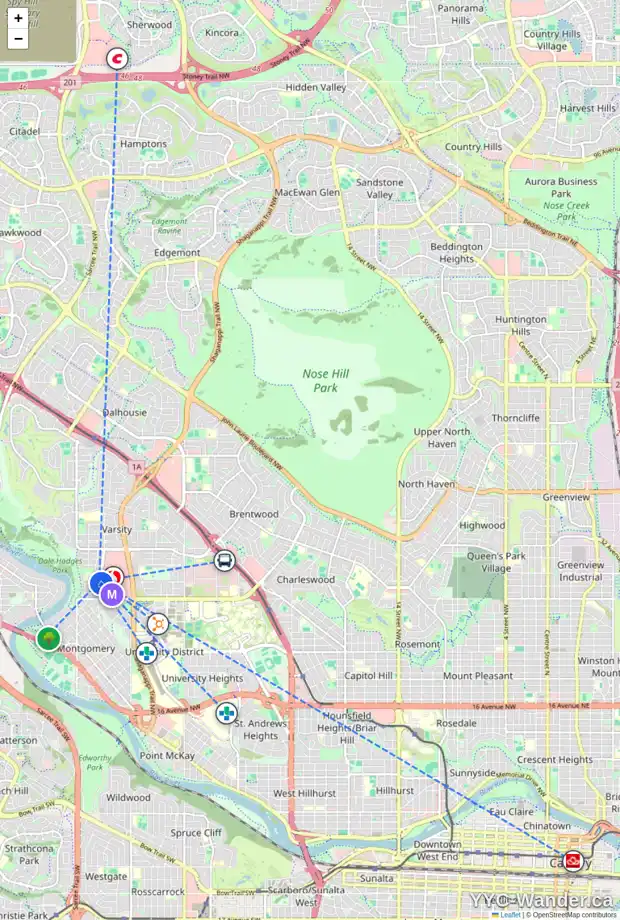 Daily accessibility map for 33 3519 49 ST NW, Calgary showing nearby schools, grocery stores, parks, LRT stations and nearby amenities
