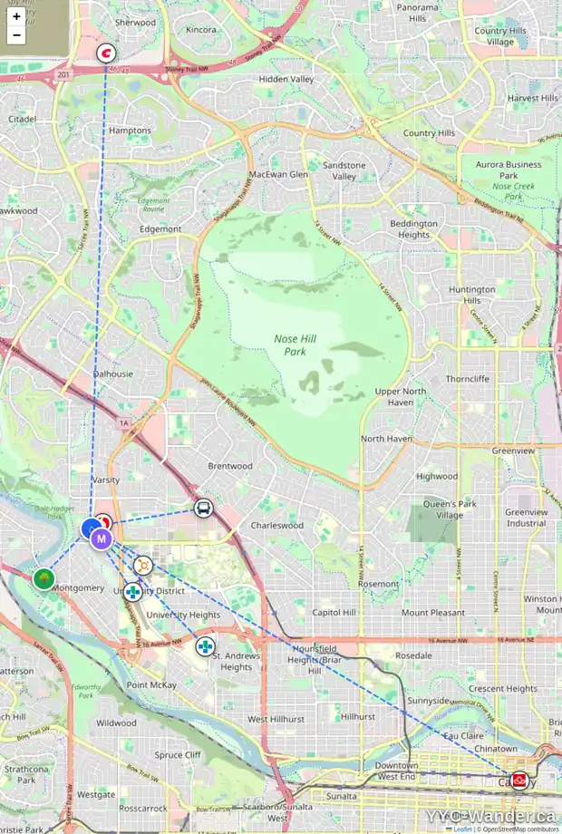 Daily accessibility map for 39 3519 49 ST NW, Calgary showing nearby schools, grocery stores, parks, LRT stations and nearby amenities