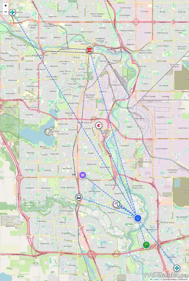 Daily accessibility map for 727 DEERCROFT WY SE, Calgary showing nearby schools, grocery stores, parks, LRT stations and nearby amenities