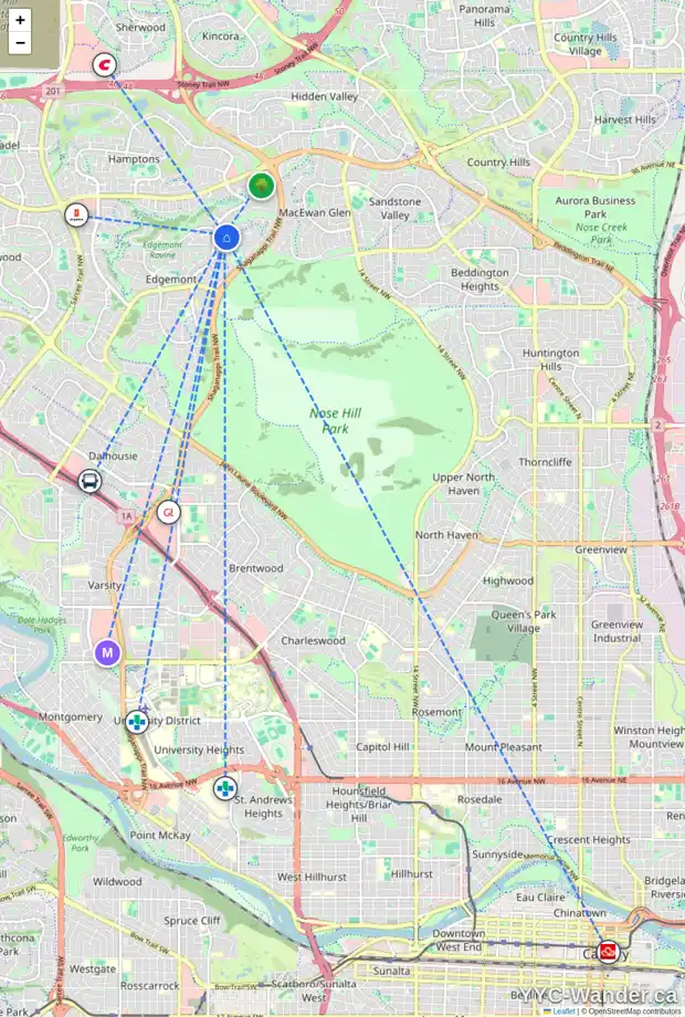 Daily accessibility map for 36 EDGEBROOK RI NW, Calgary showing nearby schools, grocery stores, parks, LRT stations and nearby amenities