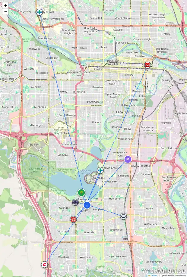 Daily accessibility map for 222 2144 PALISWOOD RD SW, Calgary showing nearby schools, grocery stores, parks, LRT stations and nearby amenities