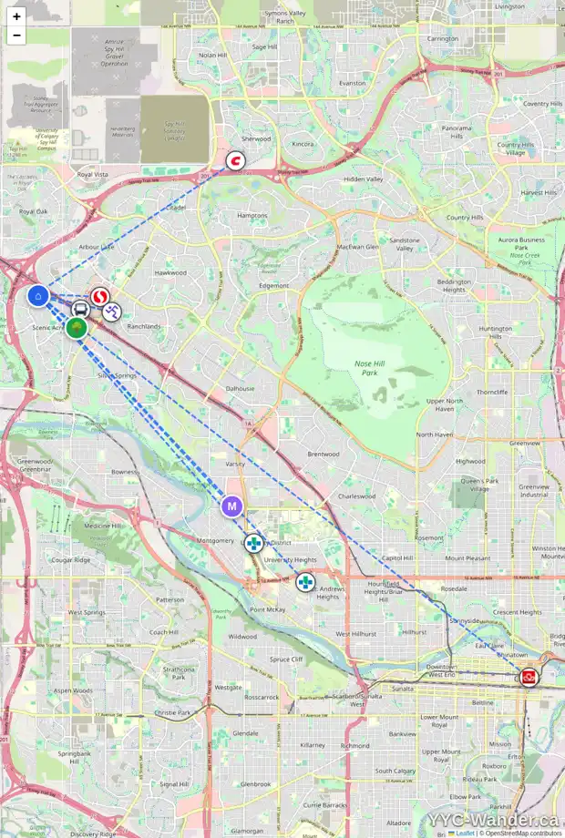 Daily accessibility map for 193 SCENIC VIEW CL NW, Calgary showing nearby schools, grocery stores, parks, LRT stations and nearby amenities