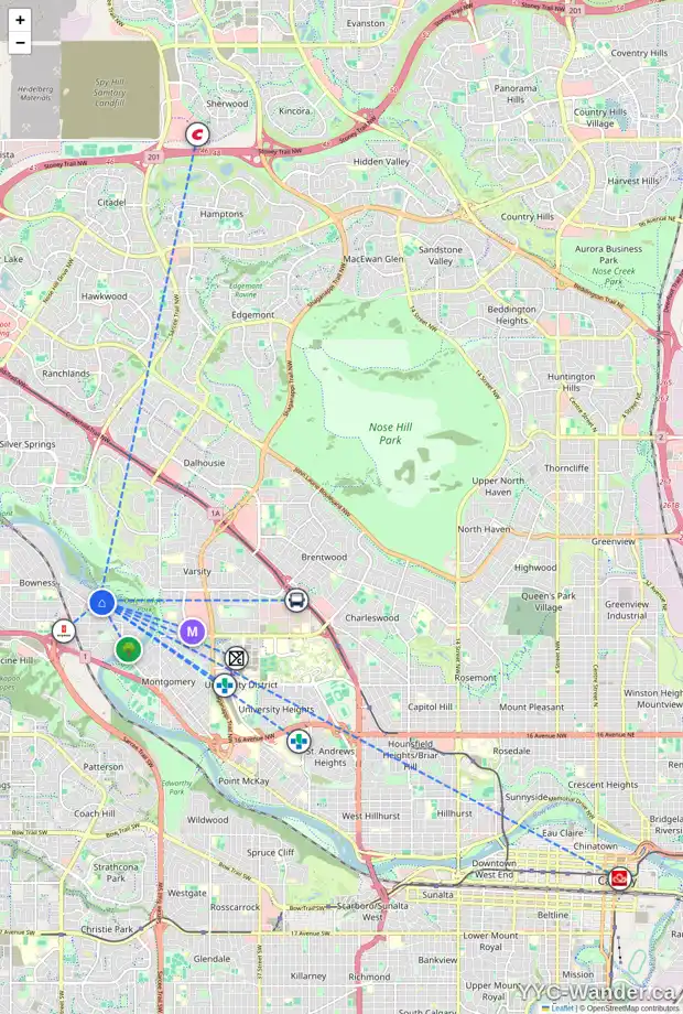 Daily accessibility map for 6336 BOW CR NW, Calgary showing nearby schools, grocery stores, parks, LRT stations and nearby amenities