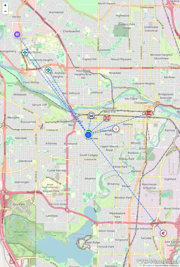 Daily accessibility map for 2122 17A ST SW, Calgary showing nearby schools, grocery stores, parks, LRT stations and nearby amenities