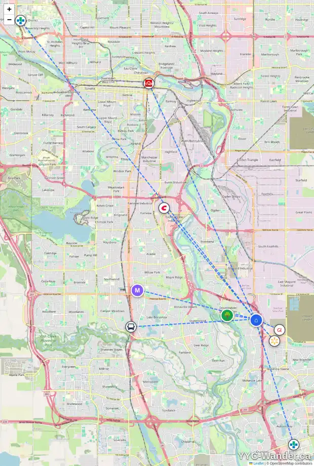 Daily accessibility map for 267 DOUGLAS RIDGE CL SE, Calgary showing nearby schools, grocery stores, parks, LRT stations and nearby amenities