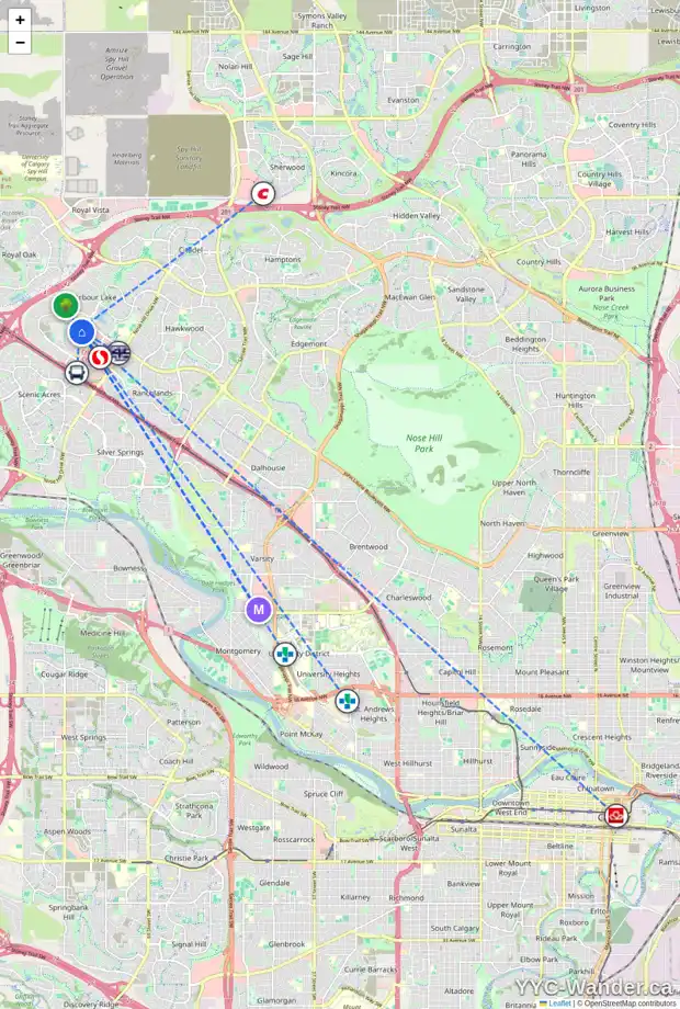 Daily accessibility map for 50 ARBOUR WOOD CR NW, Calgary showing nearby schools, grocery stores, parks, LRT stations and nearby amenities