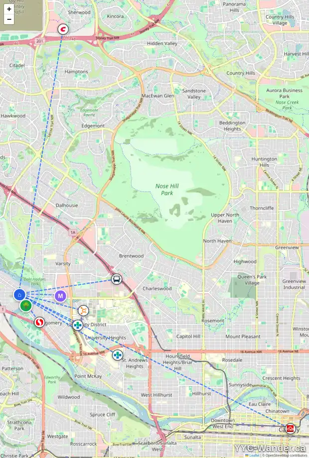Daily accessibility map for 6132 33 AV NW, Calgary showing nearby schools, grocery stores, parks, LRT stations and nearby amenities