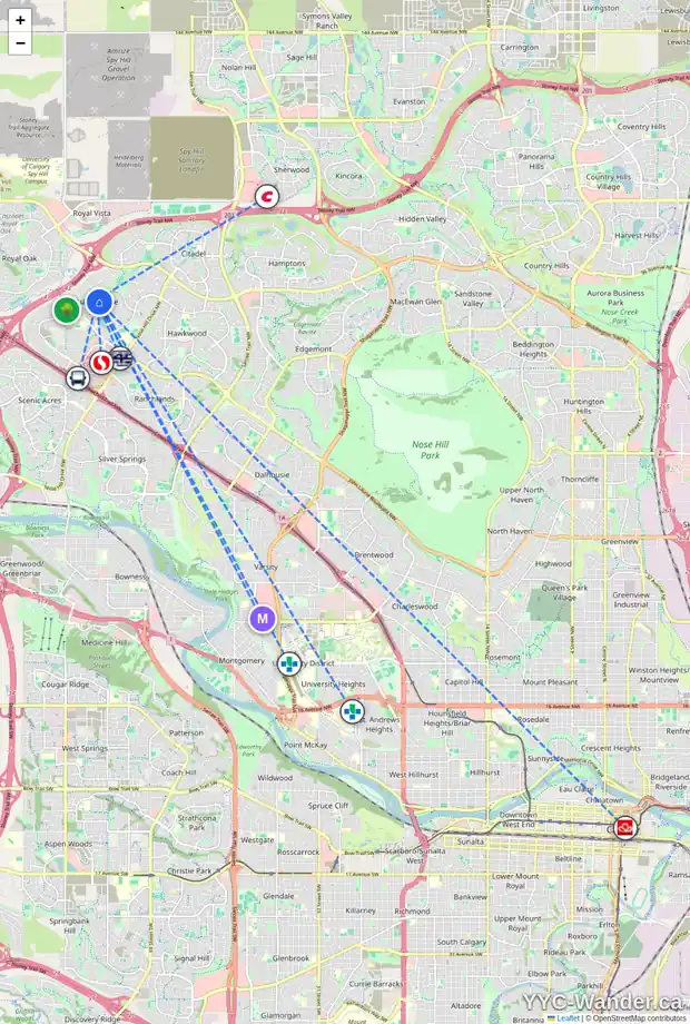 Daily accessibility map for 307 ARBOUR CREST RD NW, Calgary showing nearby schools, grocery stores, parks, LRT stations and nearby amenities