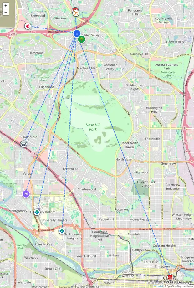 Daily accessibility map for 34 HIDDEN RANCH TC NW, Calgary showing nearby schools, grocery stores, parks, LRT stations and nearby amenities