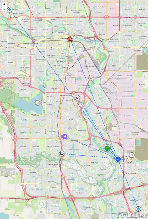 Daily accessibility map for 170 MT DOUGLAS PT SE, Calgary showing nearby schools, grocery stores, parks, LRT stations and nearby amenities