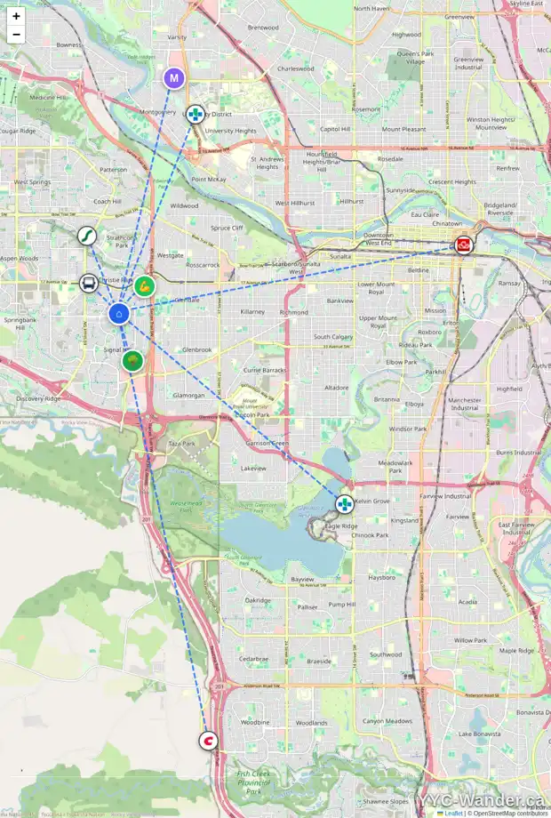 Daily accessibility map for 88 SIMCREST MR SW, Calgary showing nearby schools, grocery stores, parks, LRT stations and nearby amenities