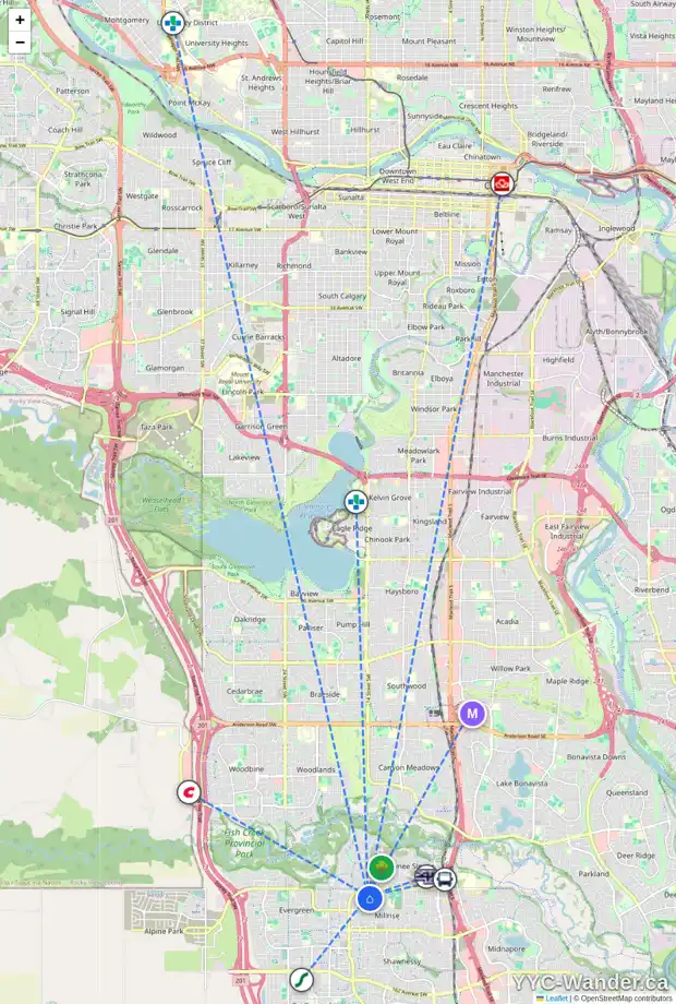 Daily accessibility map for 125 MILLVIEW PA SW, Calgary showing nearby schools, grocery stores, parks, LRT stations and nearby amenities