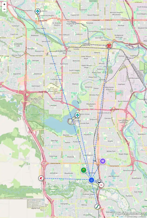 Daily accessibility map for 9 1111 CANTERBURY DR SW, Calgary showing nearby schools, grocery stores, parks, LRT stations and nearby amenities