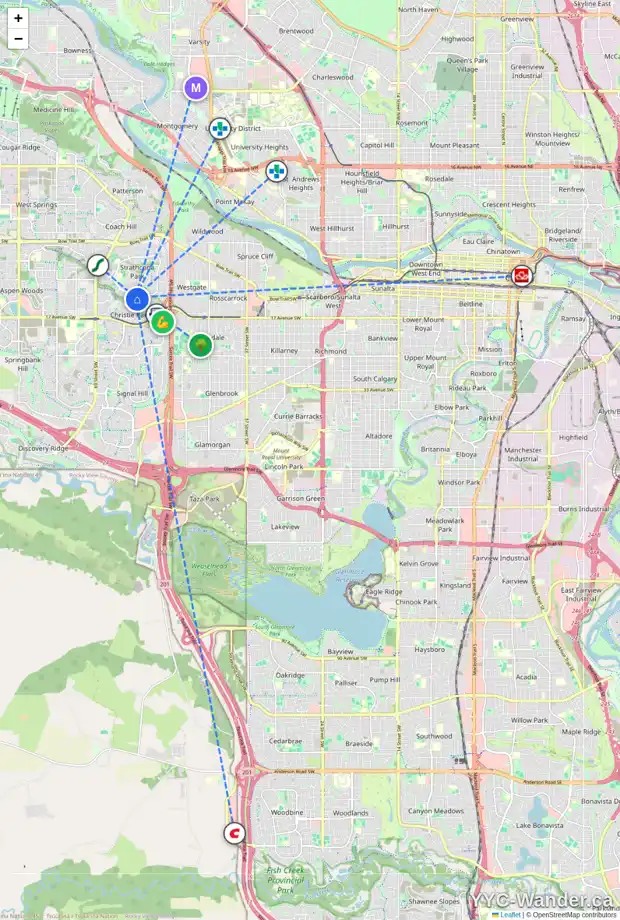 Daily accessibility map for 19 STRATHCONA BA SW, Calgary showing nearby schools, grocery stores, parks, LRT stations and nearby amenities