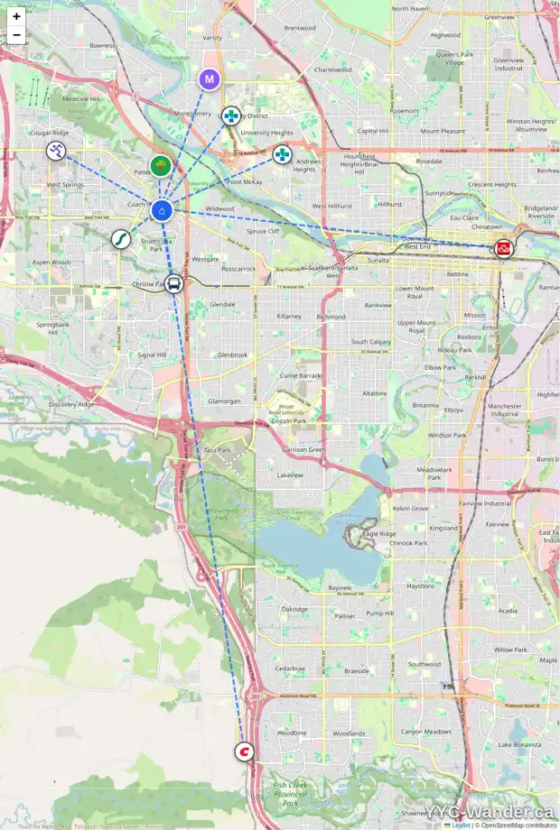 Daily accessibility map for 16 COACH GATE PL SW, Calgary showing nearby schools, grocery stores, parks, LRT stations and nearby amenities