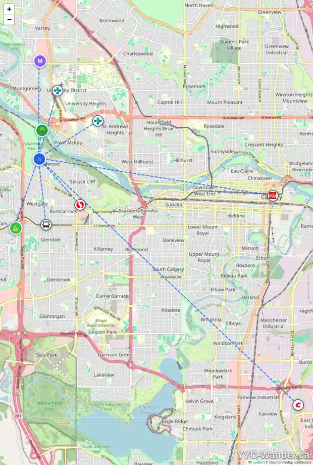 Daily accessibility map for 379 WILDWOOD DR SW, Calgary showing nearby schools, grocery stores, parks, LRT stations and nearby amenities
