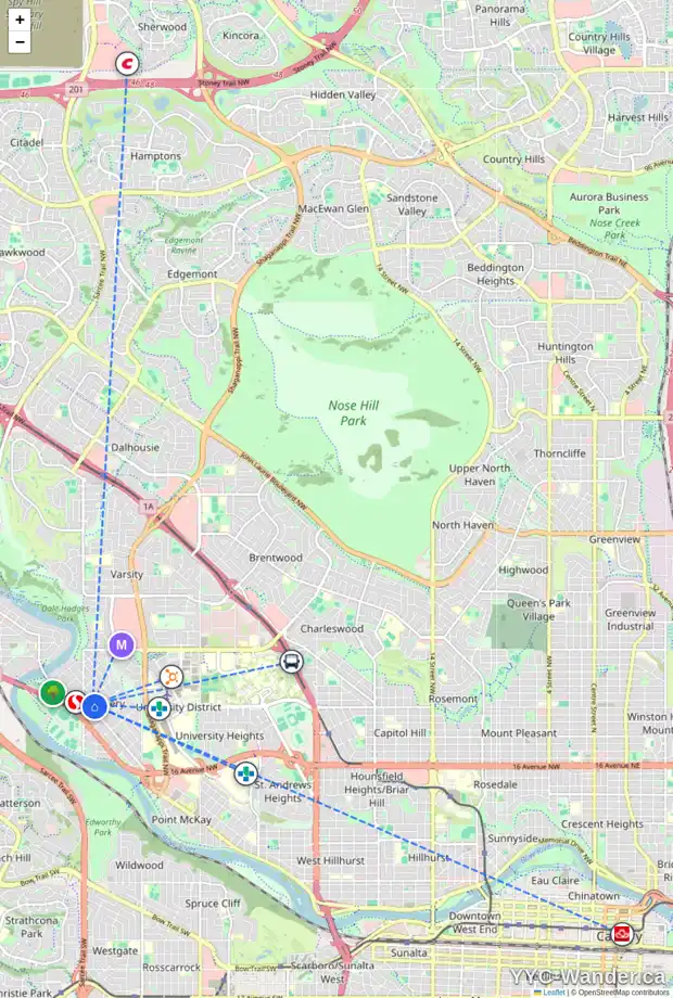 Daily accessibility map for 4824 BOWNESS RD NW, Calgary showing nearby schools, grocery stores, parks, LRT stations and nearby amenities