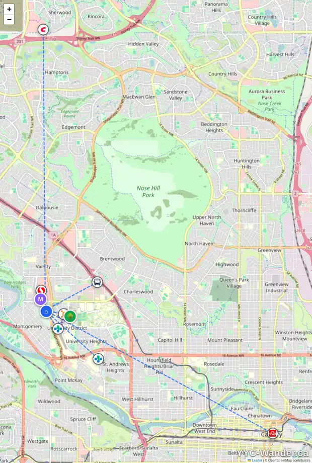 Daily accessibility map for 4640 29 AV NW, Calgary showing nearby schools, grocery stores, parks, LRT stations and nearby amenities