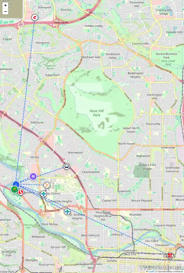 Daily accessibility map for 76 BOW LD NW, Calgary showing nearby schools, grocery stores, parks, LRT stations and nearby amenities