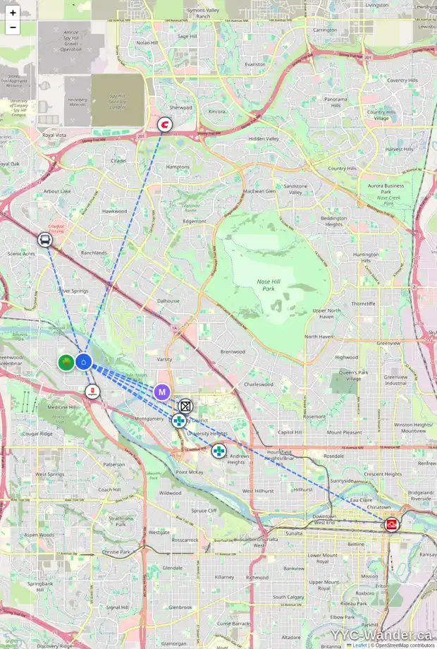 Daily accessibility map for 4334 70 ST NW, Calgary showing nearby schools, grocery stores, parks, LRT stations and nearby amenities