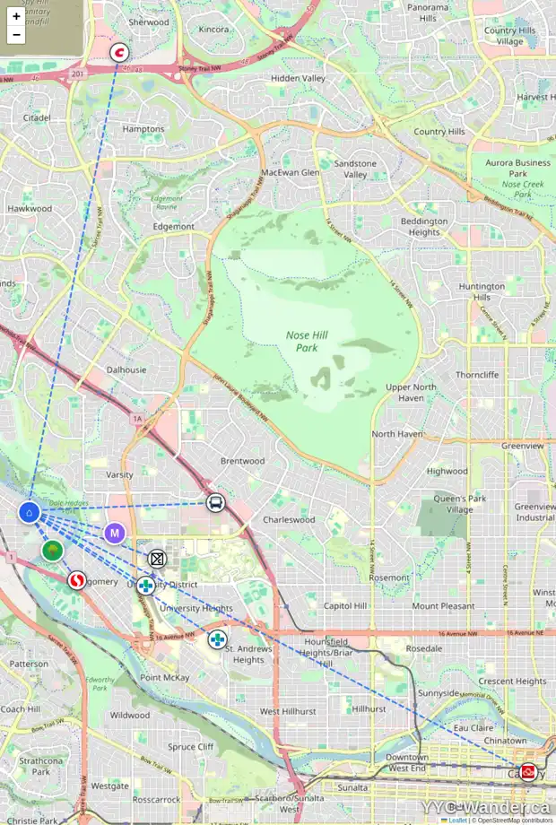 Daily accessibility map for 6307 BOW CR NW, Calgary showing nearby schools, grocery stores, parks, LRT stations and nearby amenities